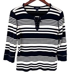 Ralph Lauren Chaps Sz Large Soft Navy Blue 3/4 Sleeve Nautical Blouse Shirt Top